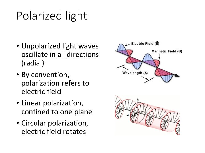 Polarized light • Unpolarized light waves oscillate in all directions (radial) • By convention, Polarized light • Unpolarized light waves oscillate in all directions (radial) • By convention,