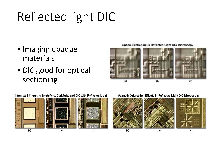 Reflected light DIC • Imaging opaque materials • DIC good for optical sectioning Reflected light DIC • Imaging opaque materials • DIC good for optical sectioning