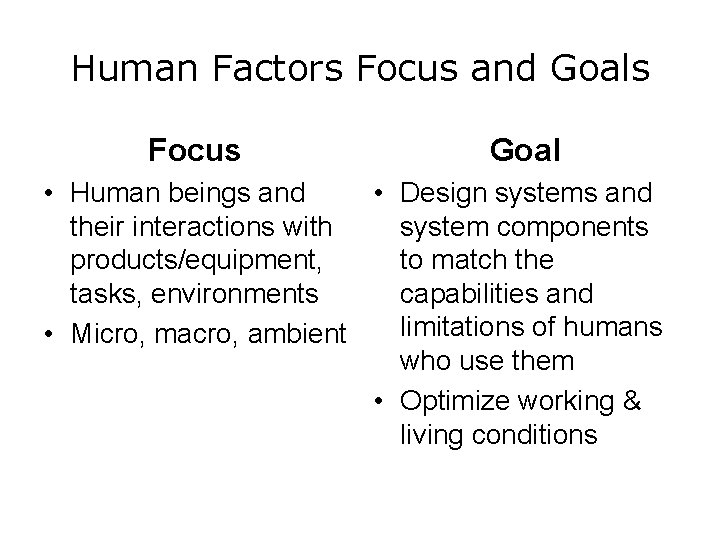 Human Factors Focus and Goals Focus Goal • Human beings and • Design systems
