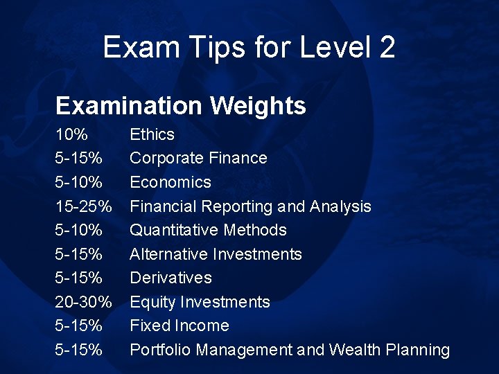 Exam Tips for Level 2 Examination Weights 10% 5 -15% 5 -10% 15 -25%