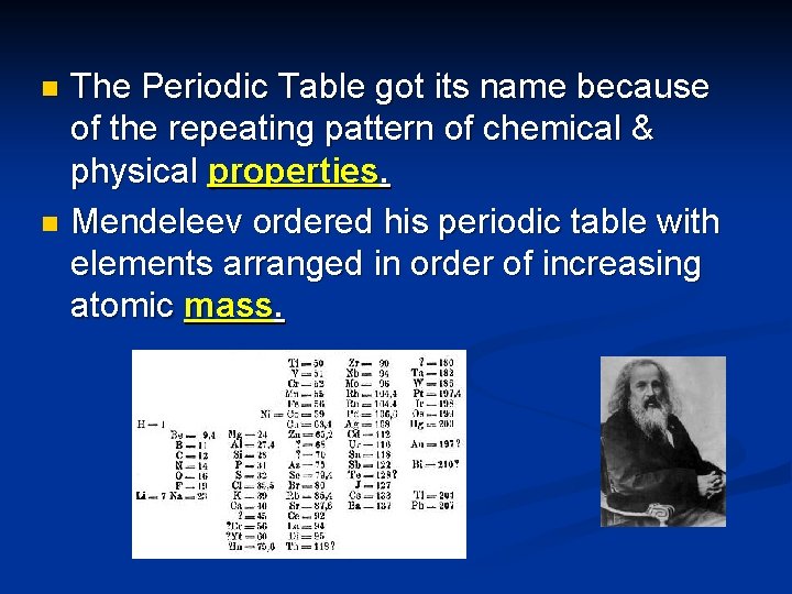 The Periodic Table got its name because of the repeating pattern of chemical &