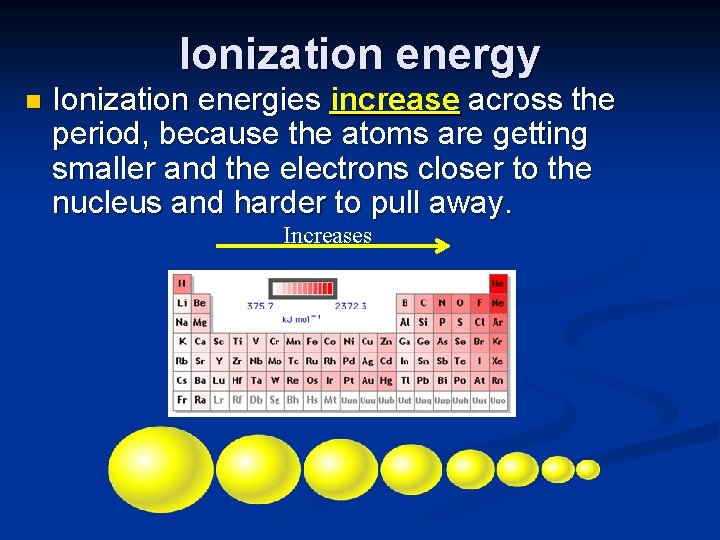 Ionization energy n Ionization energies increase across the period, because the atoms are getting