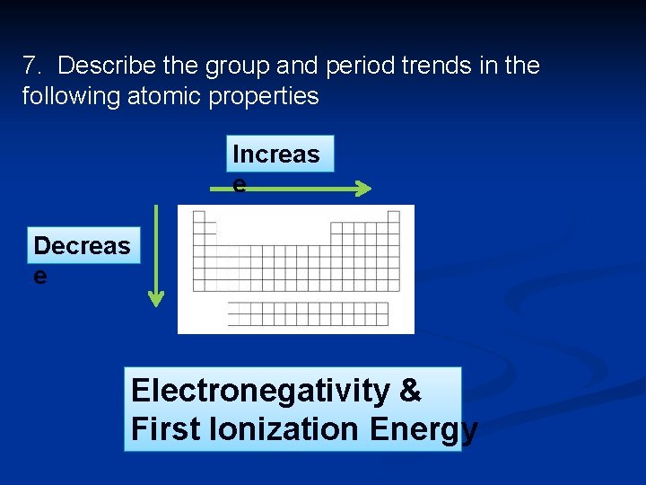7. Describe the group and period trends in the following atomic properties Increas e