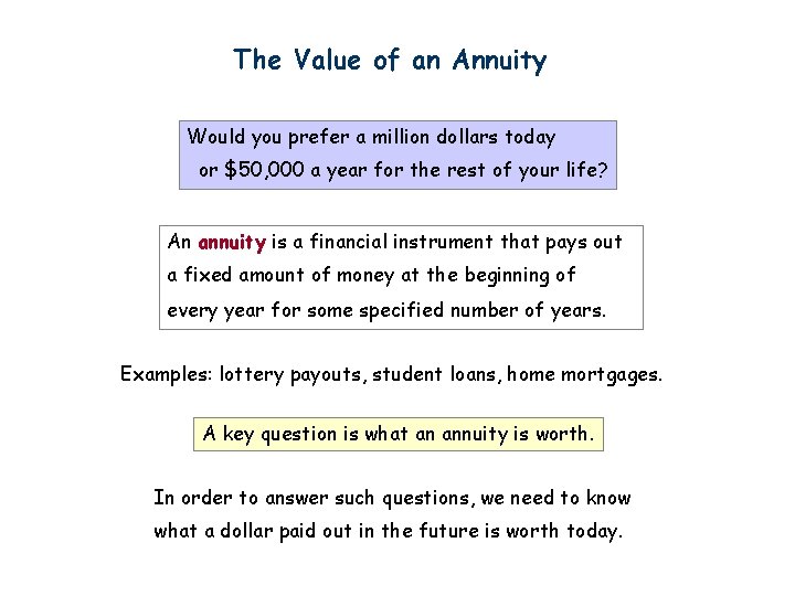 The Value of an Annuity Would you prefer a million dollars today or $50,