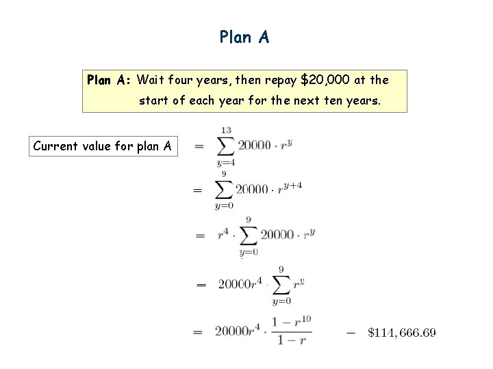 Plan A: Wait four years, then repay $20, 000 at the start of each