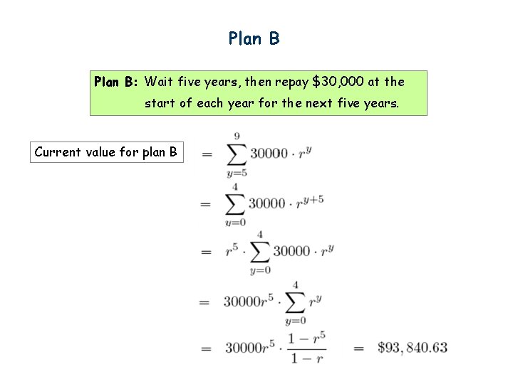 Plan B: Wait five years, then repay $30, 000 at the start of each