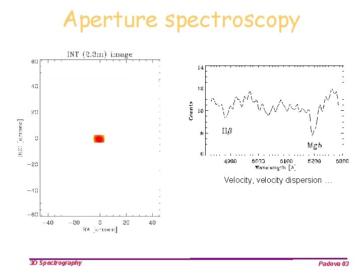 Aperture spectroscopy Velocity, velocity dispersion … 3 D Spectrography Padova 03 