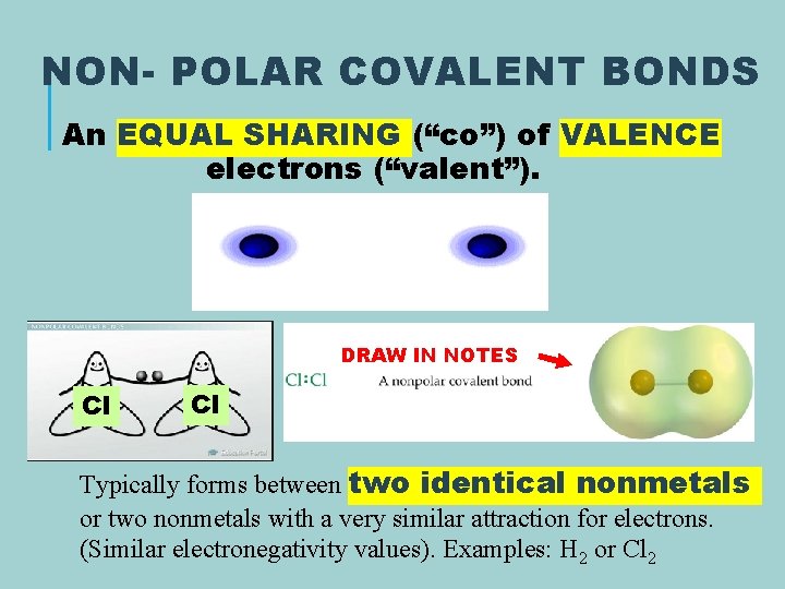 NON- POLAR COVALENT BONDS An EQUAL SHARING (“co”) of VALENCE electrons (“valent”). DRAW IN