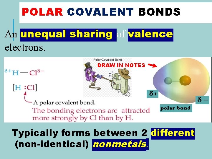 POLAR COVALENT BONDS An unequal sharing of valence electrons. DRAW IN NOTES Typically forms