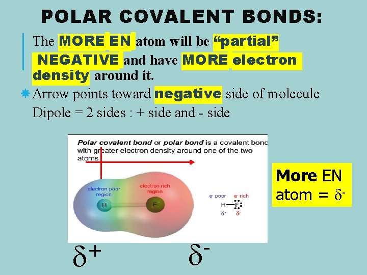 POLAR COVALENT BONDS: The MORE EN atom will be “partial” NEGATIVE and have MORE