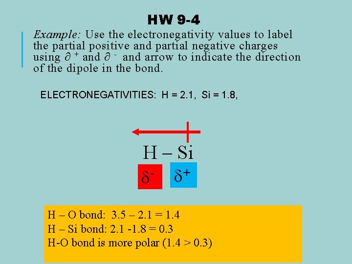 HW 9 -4 Example: Use the electronegativity values to label the partial positive and