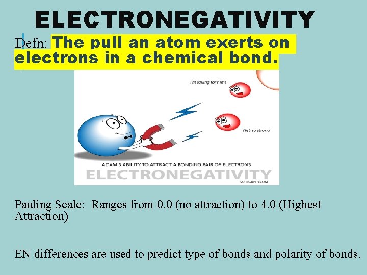 ELECTRONEGATIVITY Defn: The pull an atom exerts on electrons in a chemical bond. Pauling