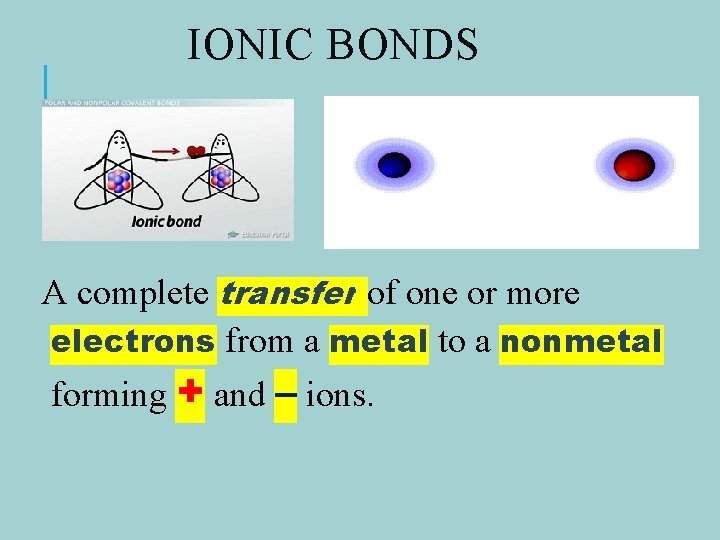 IONIC BONDS A complete transfer of one or more electrons from a metal to
