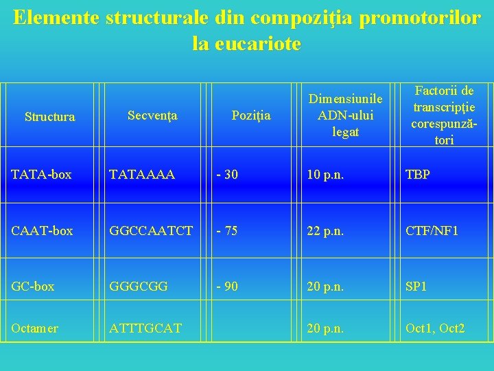 Elemente structurale din compoziţia promotorilor la eucariote Factorii de transcripţie corespunzători Structura Secvenţa TATA-box