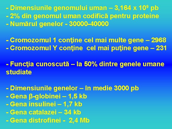 - Dimensiunile genomului uman – 3, 164 x 109 pb - 2% din genomul