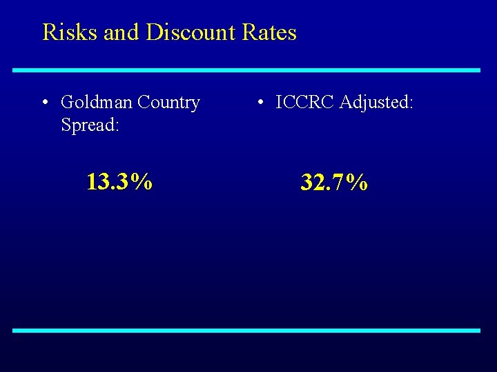 Risks and Discount Rates • Goldman Country Spread: • ICCRC Adjusted: 13. 3% 32.