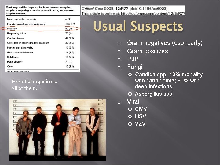 Usual Suspects Gram negatives (esp. early) Gram positives PJP Fungi Candida spp- 40% mortality