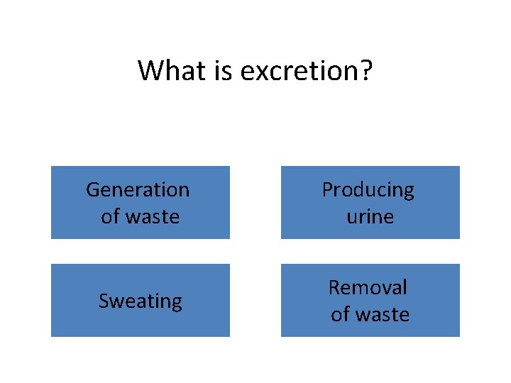 What is excretion? Generation of waste Producing urine Sweating Removal of waste 