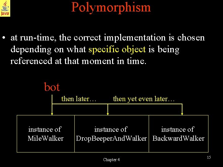 Polymorphism • at run-time, the correct implementation is chosen depending on what specific object