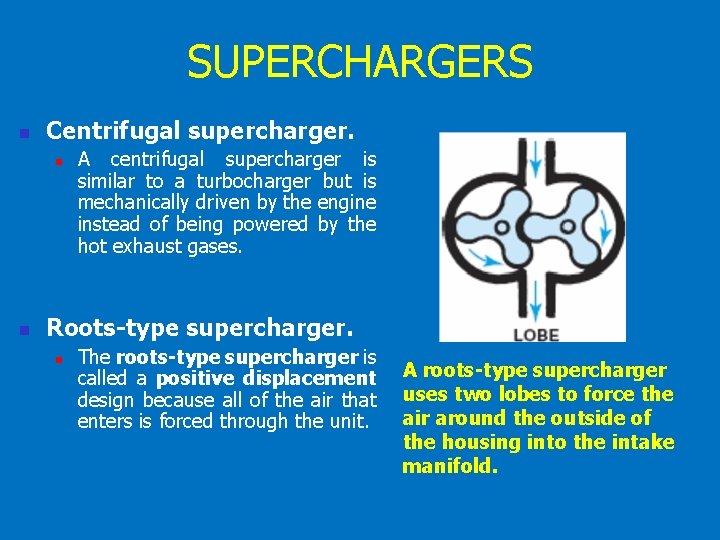 SUPERCHARGERS n Centrifugal supercharger. n n A centrifugal supercharger is similar to a turbocharger