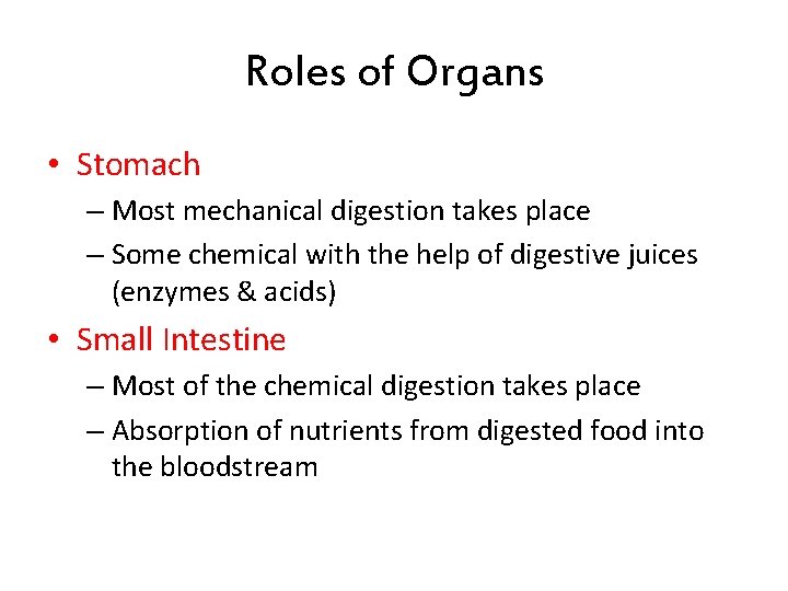 Roles of Organs • Stomach – Most mechanical digestion takes place – Some chemical