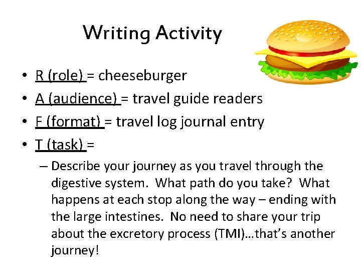 Writing Activity • • R (role) = cheeseburger A (audience) = travel guide readers