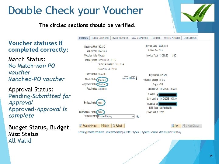 Double Check your Voucher The circled sections should be verified. Voucher statuses if completed
