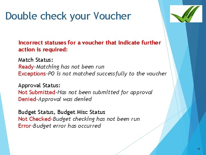 Double check your Voucher Incorrect statuses for a voucher that indicate further action is