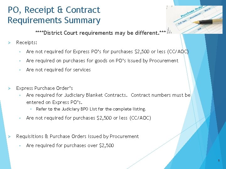 PO, Receipt & Contract Requirements Summary ****District Court requirements may be different. **** Ø
