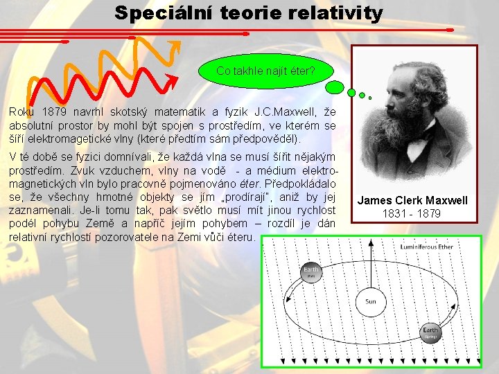 Speciální teorie relativity Co takhle najít éter? Roku 1879 navrhl skotský matematik a fyzik