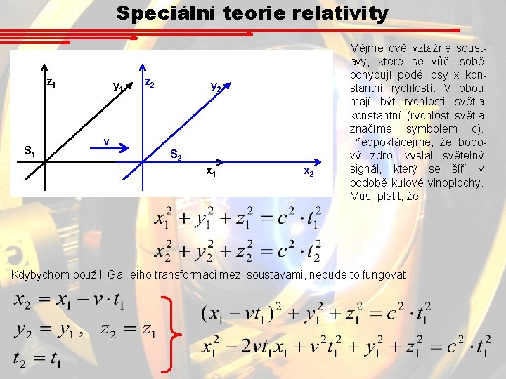 Speciální teorie relativity z 1 S 1 y 1 z 2 y 2 v