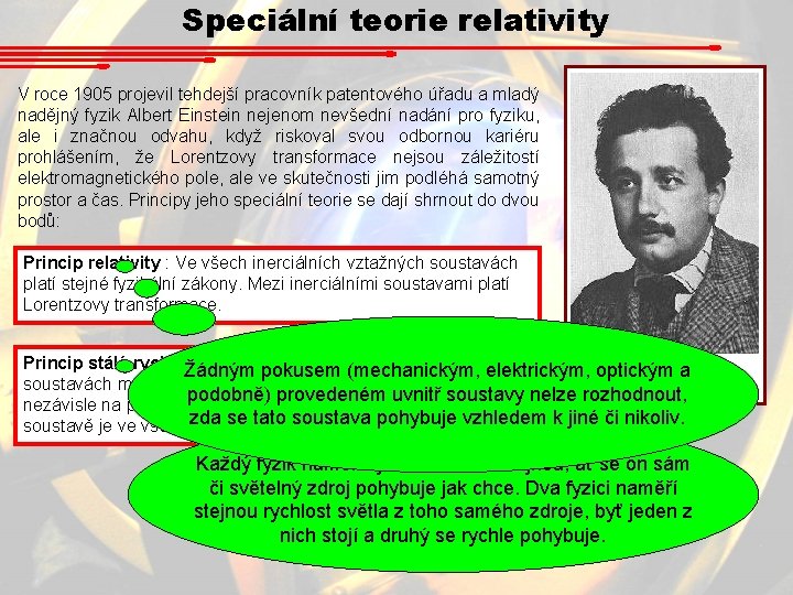 Speciální teorie relativity V roce 1905 projevil tehdejší pracovník patentového úřadu a mladý nadějný