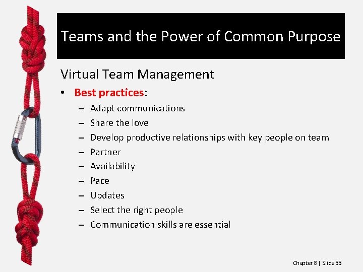 Teams and the Power of Common Purpose Virtual Team Management • Best practices: –