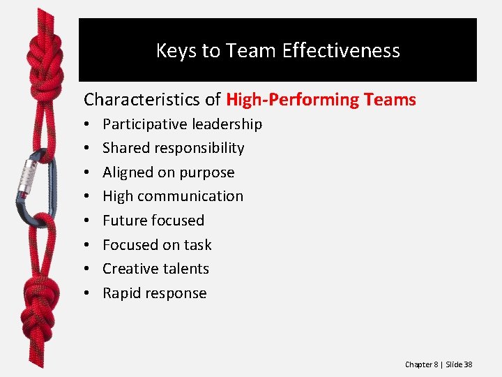 Keys to Team Effectiveness Characteristics of High-Performing Teams • • Participative leadership Shared responsibility