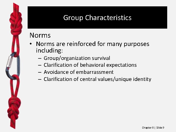 Group Characteristics Norms • Norms are reinforced for many purposes including: – – Group/organization