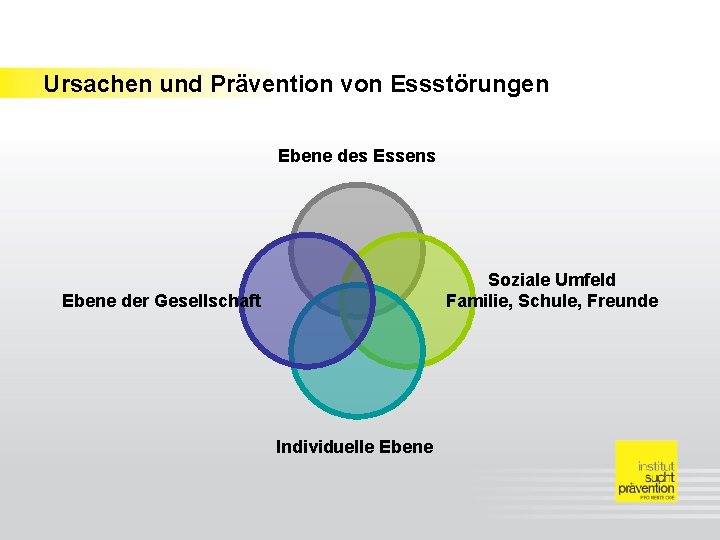 Ursachen und Prävention von Essstörungen Ebene des Essens Soziale Umfeld Familie, Schule, Freunde Ebene