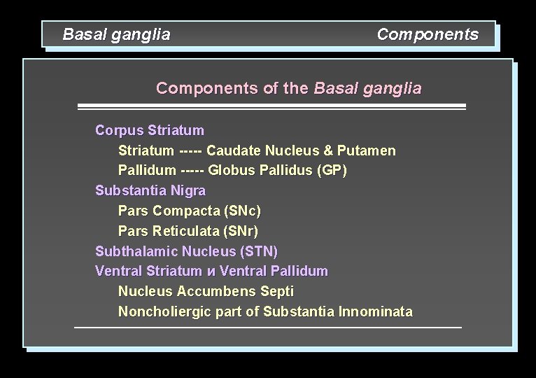 Basal ganglia Components of the Basal ganglia Corpus Striatum ----- Caudate Nucleus & Putamen