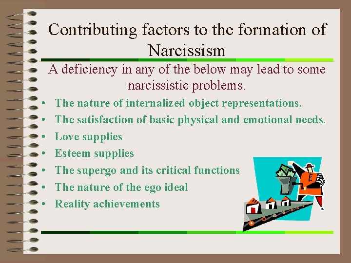 Contributing factors to the formation of Narcissism A deficiency in any of the below