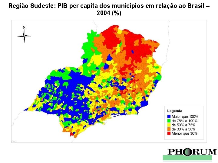 Região Sudeste: PIB per capita dos municípios em relação ao Brasil – 2004 (%)