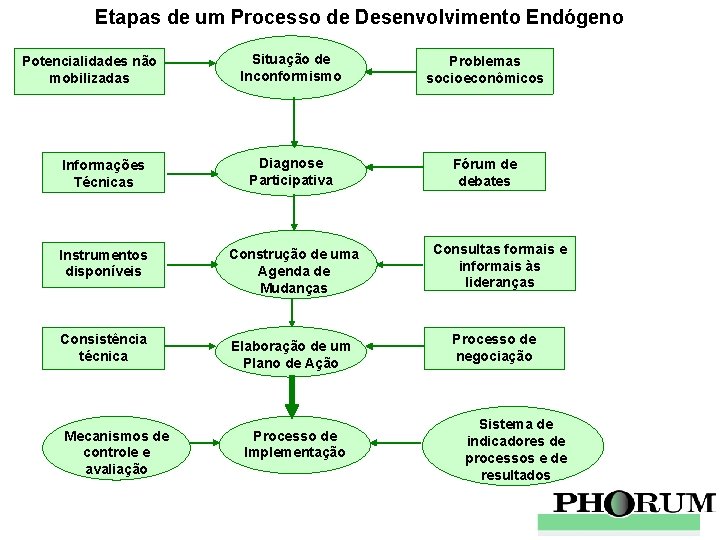 Etapas de um Processo de Desenvolvimento Endógeno Situação de Inconformismo Problemas socioeconômicos Informações Técnicas