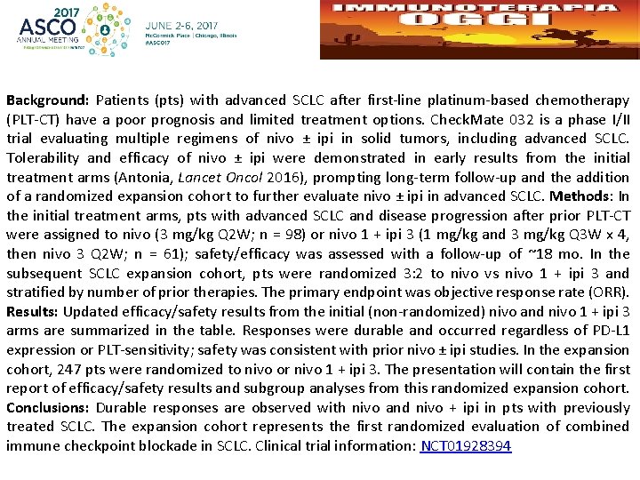 Background: Patients (pts) with advanced SCLC after first-line platinum-based chemotherapy (PLT-CT) have a poor