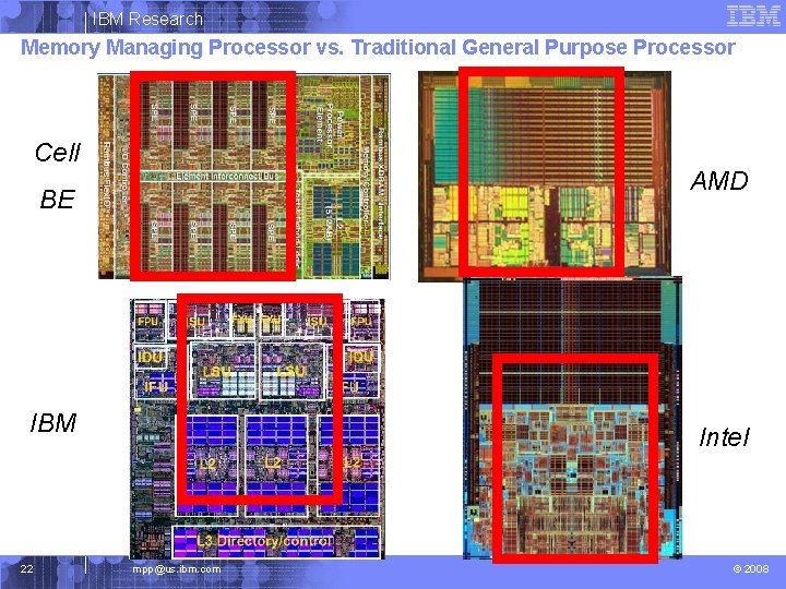 IBM Research Memory Managing Processor vs. Traditional General Purpose Processor Cell AMD BE IBM