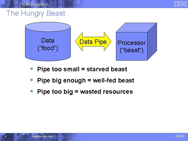 IBM Research The Hungry Beast Data (“food”) Data Pipe Processor (“beast”) § Pipe too
