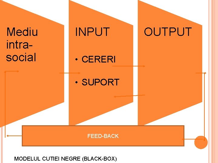 Mediu intrasocial INPUT • CERERI • SUPORT FEED-BACK MODELUL CUTIEI NEGRE (BLACK-BOX) OUTPUT Mediu intrasocial INPUT • CERERI • SUPORT FEED-BACK MODELUL CUTIEI NEGRE (BLACK-BOX) OUTPUT