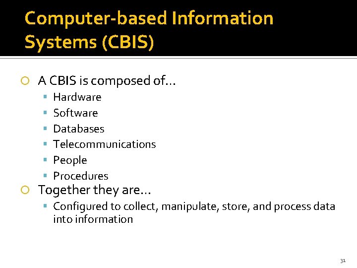 Computer-based Information Systems (CBIS) A CBIS is composed of… Hardware Software Databases Telecommunications People