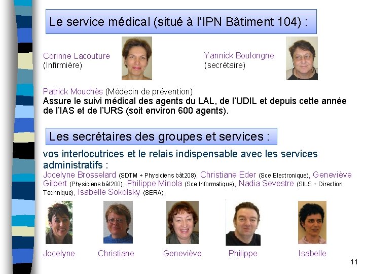 Le service médical (situé à l’IPN Bâtiment 104) : Yannick Boulongne (secrétaire) Corinne Lacouture