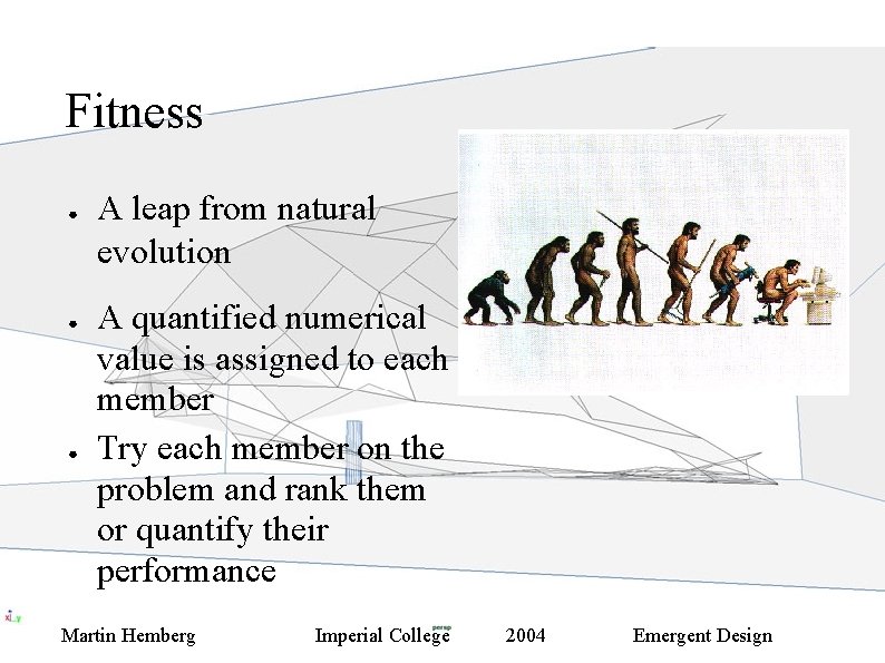 Fitness ● ● ● A leap from natural evolution A quantified numerical value is