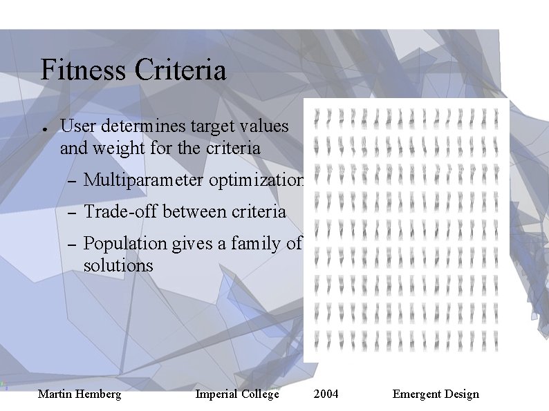 Fitness Criteria ● User determines target values and weight for the criteria – Multiparameter