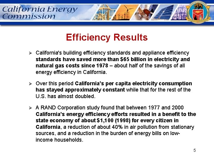 Efficiency Results Ø California's building efficiency standards and appliance efficiency standards have saved more