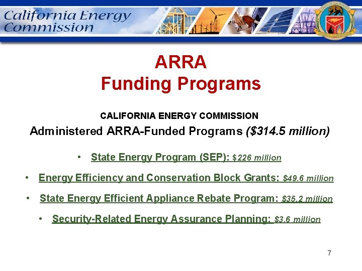 ARRA Funding Programs CALIFORNIA ENERGY COMMISSION Administered ARRA-Funded Programs ($314. 5 million) • State